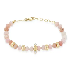 14k Gold & Faceted Pink Opal Rondelle Bead Bracelet with 2 Prong Diamonds