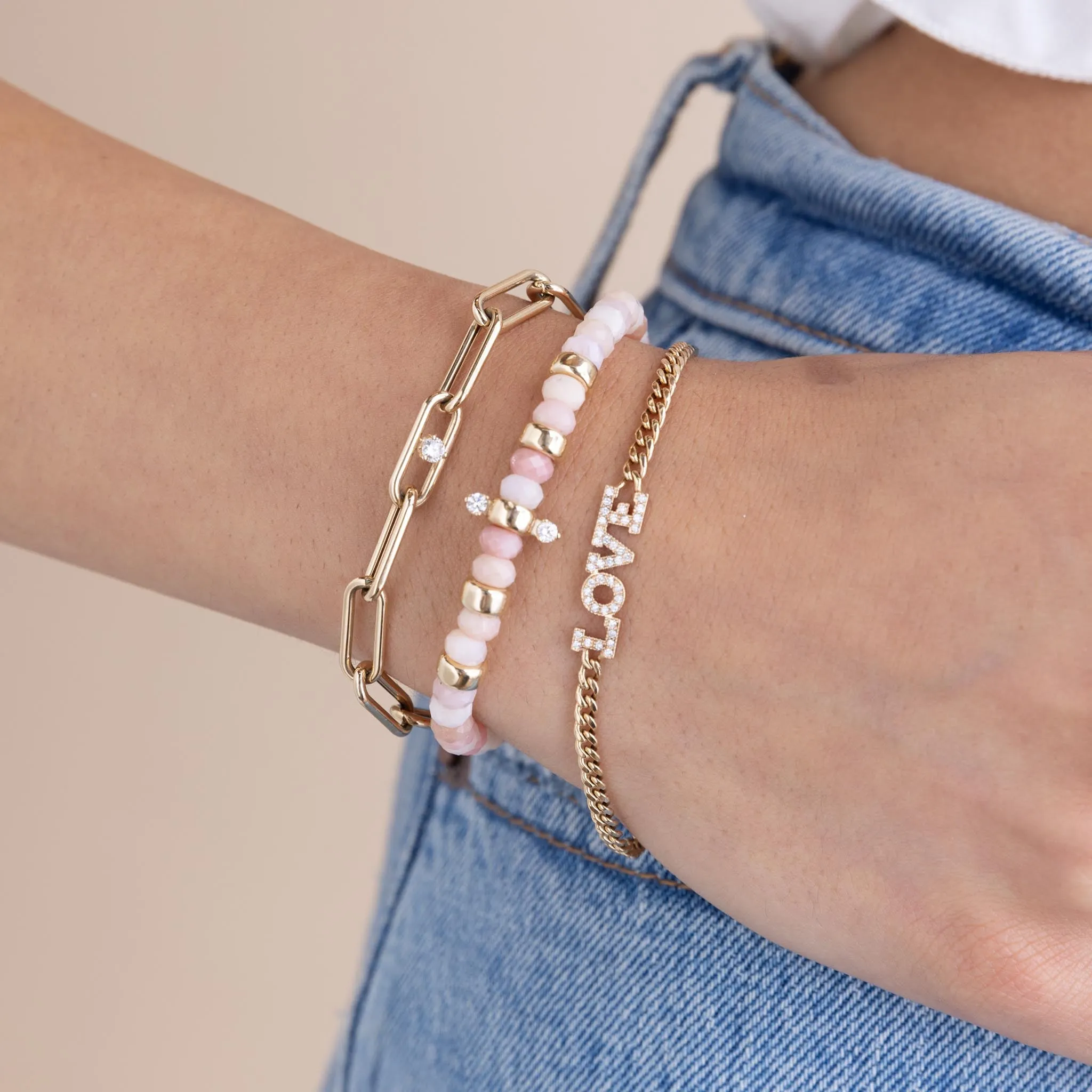 14k Gold & Faceted Pink Opal Rondelle Bead Bracelet with 2 Prong Diamonds