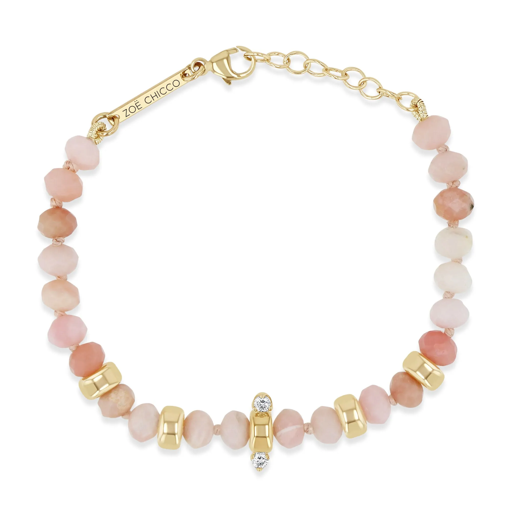 14k Gold & Faceted Pink Opal Rondelle Bead Bracelet with 2 Prong Diamonds