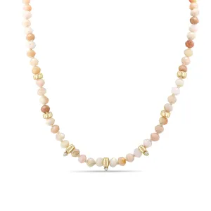 14k Gold & Faceted Pink Opal Rondelle Bead Necklace with 3 Prong Diamonds