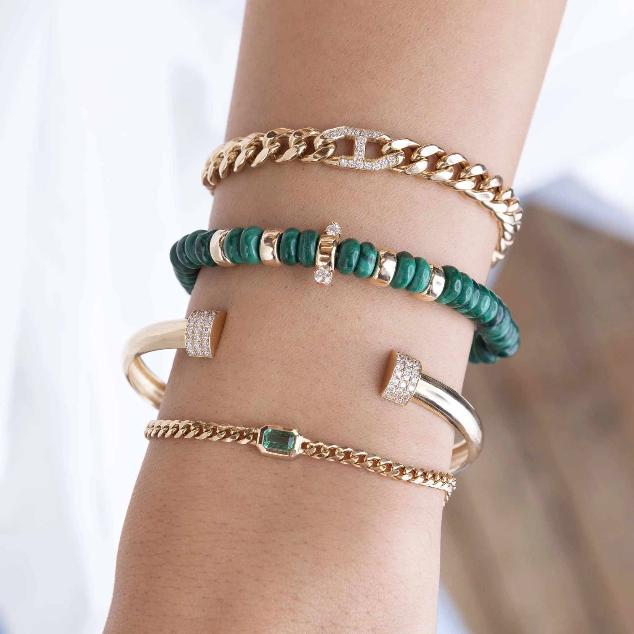 14k Gold & Malachite Rondelle Bead Bracelet with 2 Prong Diamonds
