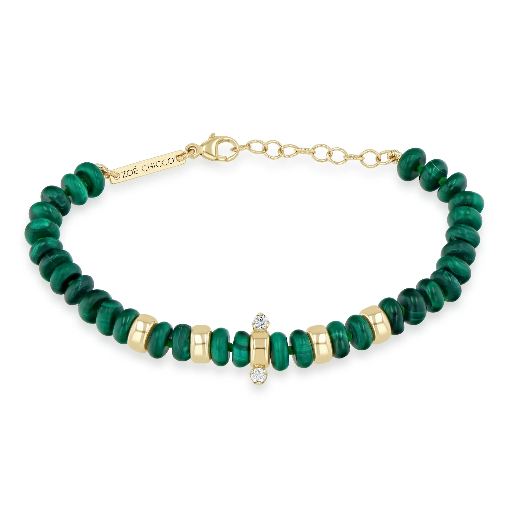 14k Gold & Malachite Rondelle Bead Bracelet with 2 Prong Diamonds