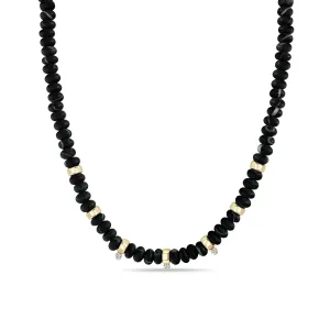 14k Gold & Matte Black Agate Rondelle Bead Necklace with 3 Prong Diamonds