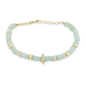 14k Gold & Mixed Light Blue Opal Rondelle Bead Bracelet with 2 Prong Diamonds