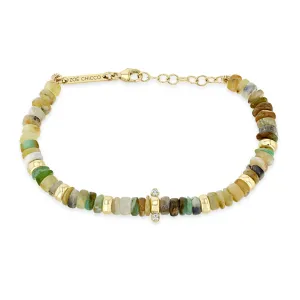 14k Gold & Mixed Neutral Gemstone Rondelle Bead Bracelet with 2 Prong Diamonds