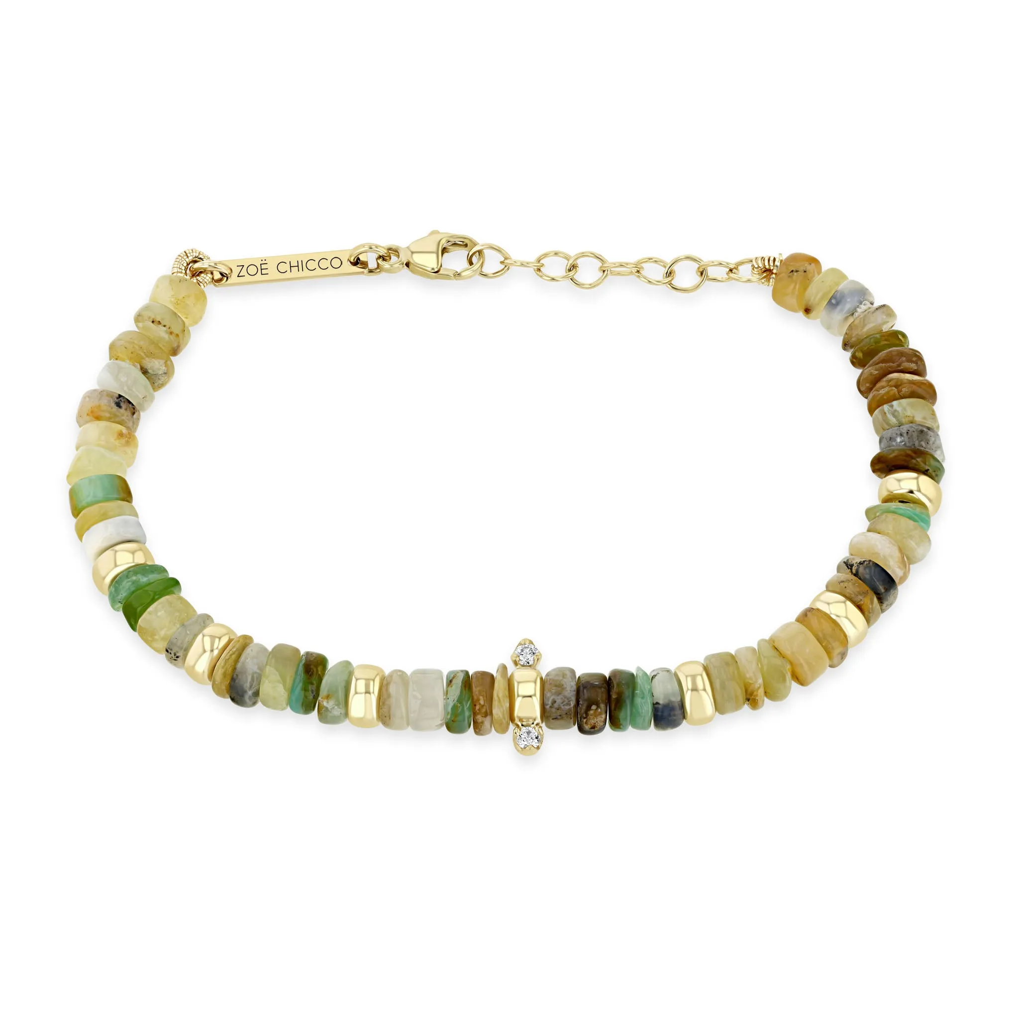 14k Gold & Mixed Neutral Gemstone Rondelle Bead Bracelet with 2 Prong Diamonds