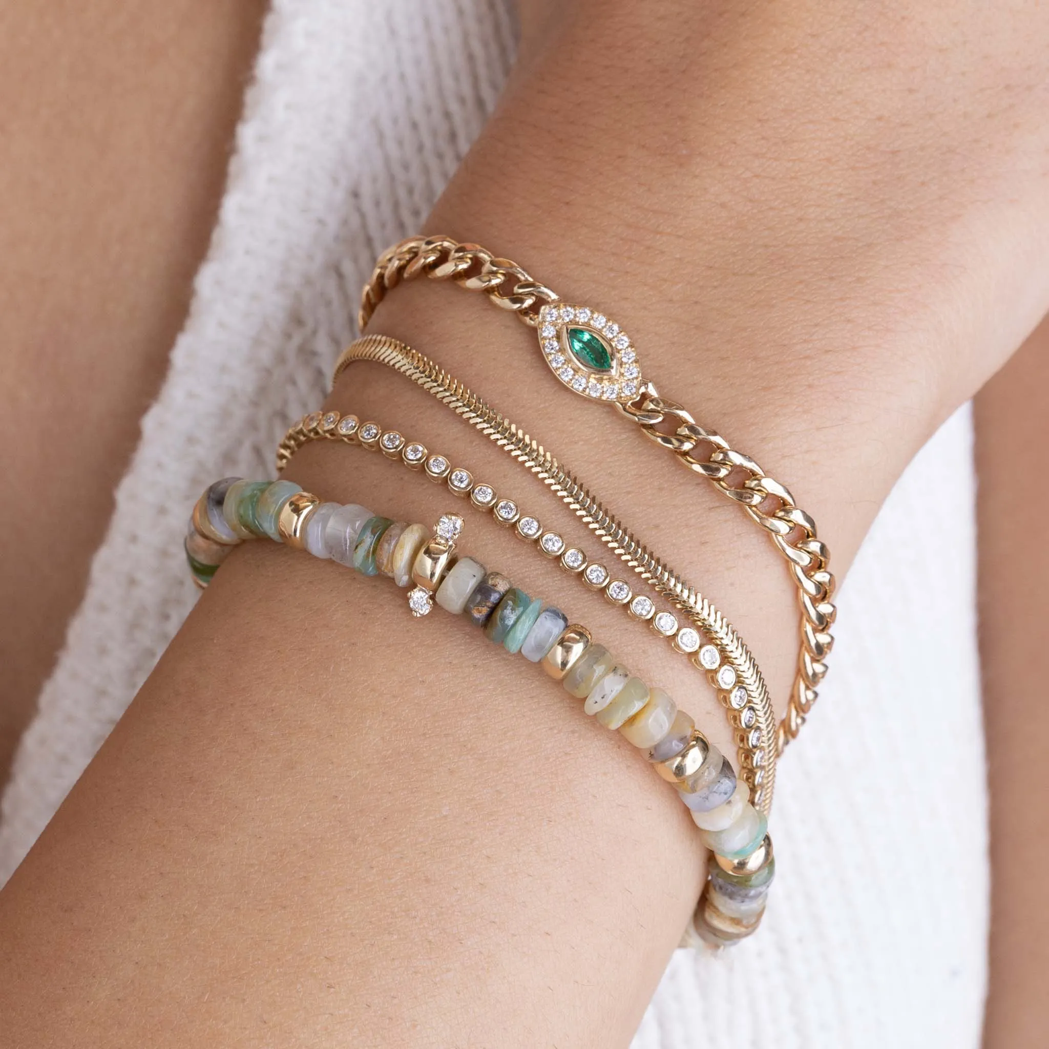 14k Gold & Mixed Neutral Gemstone Rondelle Bead Bracelet with 2 Prong Diamonds