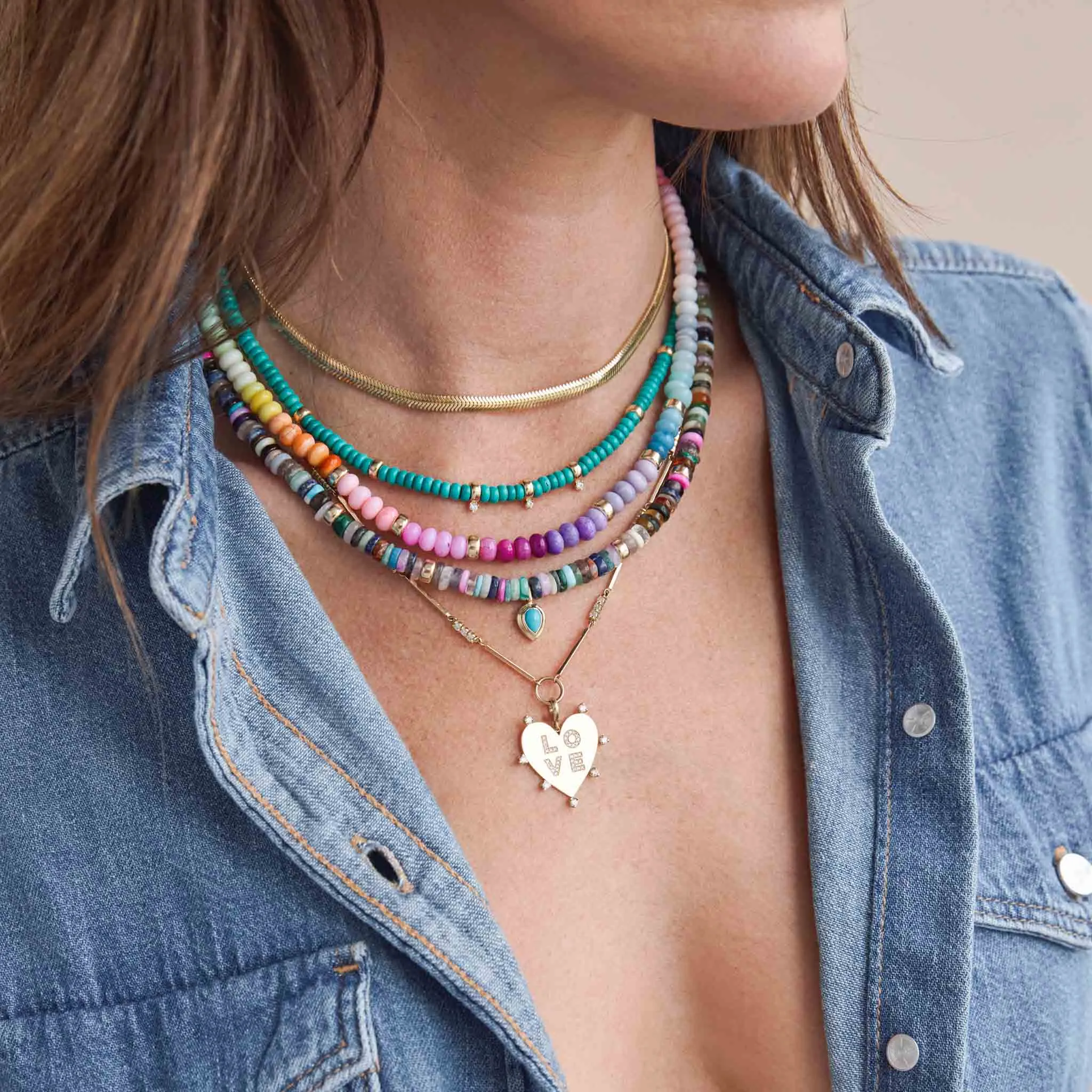 14k Gold & Turquoise Rondelle Bead Necklace with 3 Prong Diamonds
