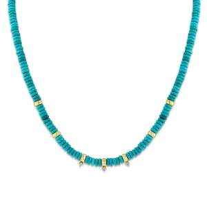 14k Gold & Turquoise Rondelle Bead Necklace with 3 Prong Diamonds