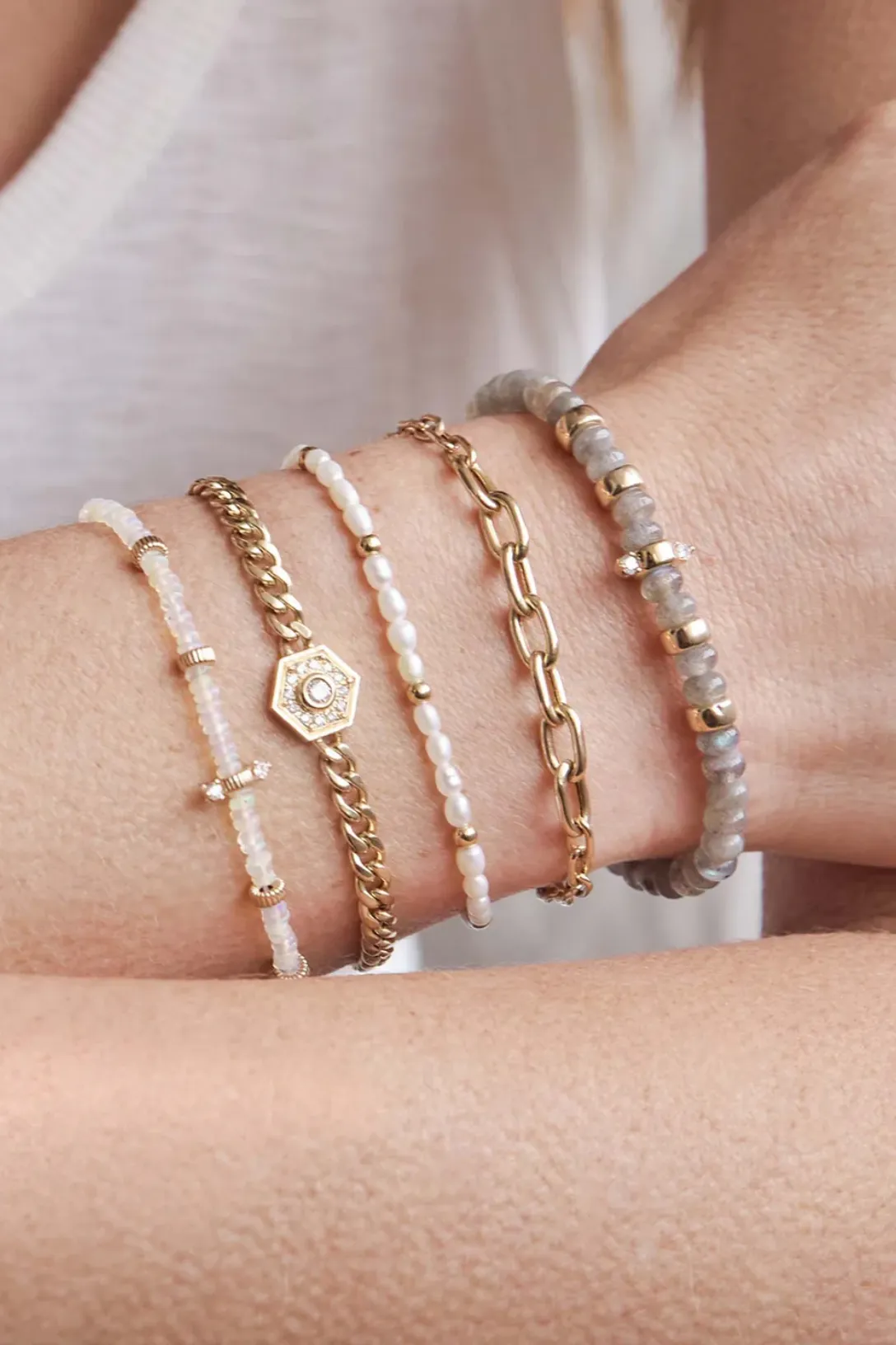 14k Gold Bead Station Rice Pearl Bracelet