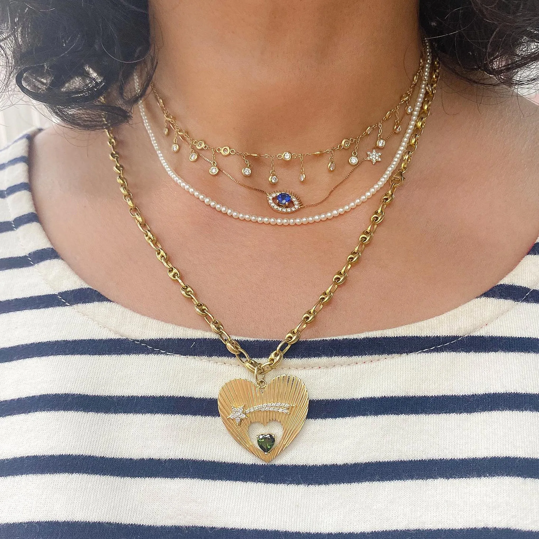 14K Gold Pavé Diamond Shooting Star Fluted Heart Medallion Necklace With Solitaire Tourmaline
