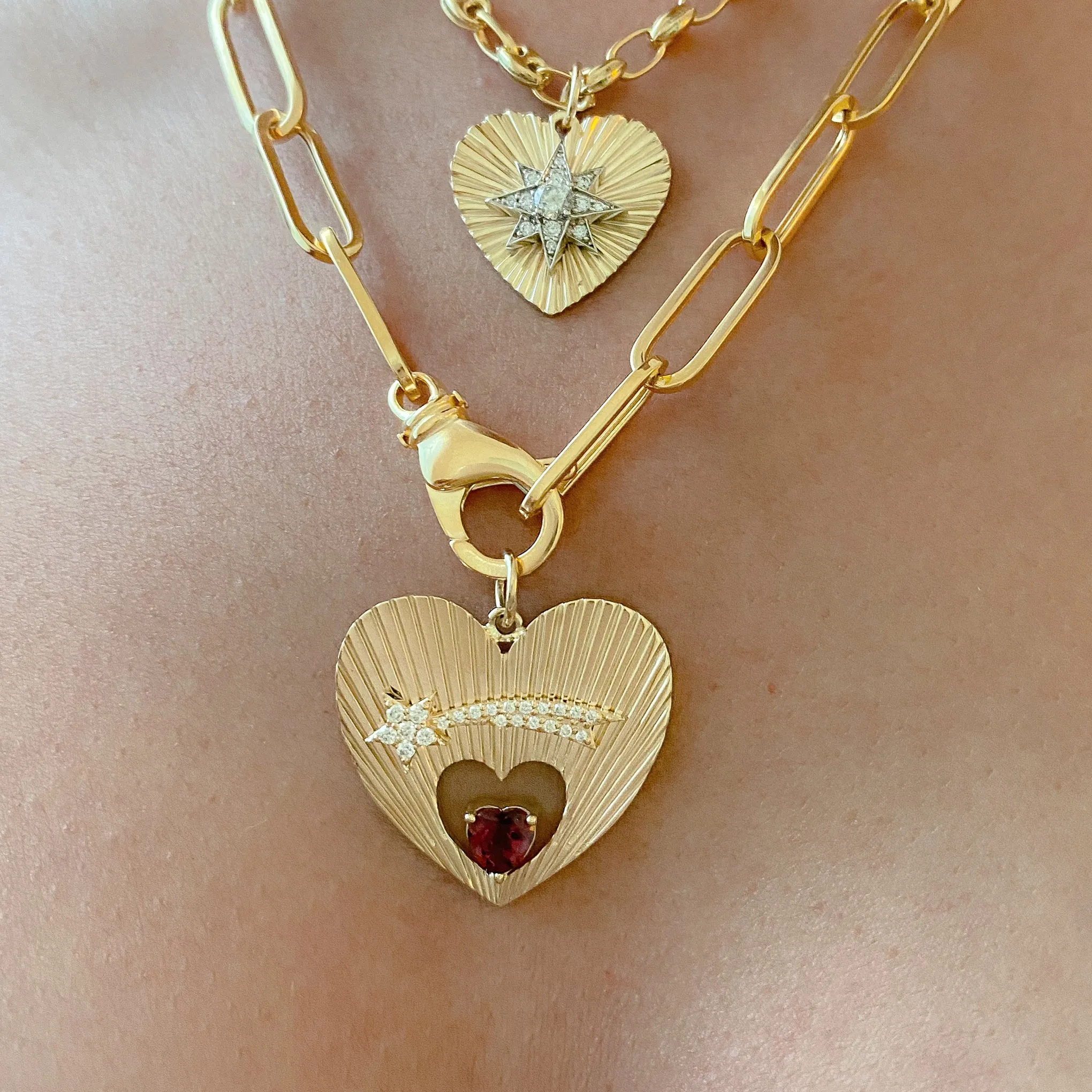 14K Gold Pavé Diamond Shooting Star Fluted Heart Medallion Necklace With Solitaire Tourmaline