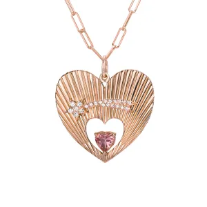 14K Gold Pavé Diamond Shooting Star Fluted Heart Medallion Necklace With Solitaire Tourmaline
