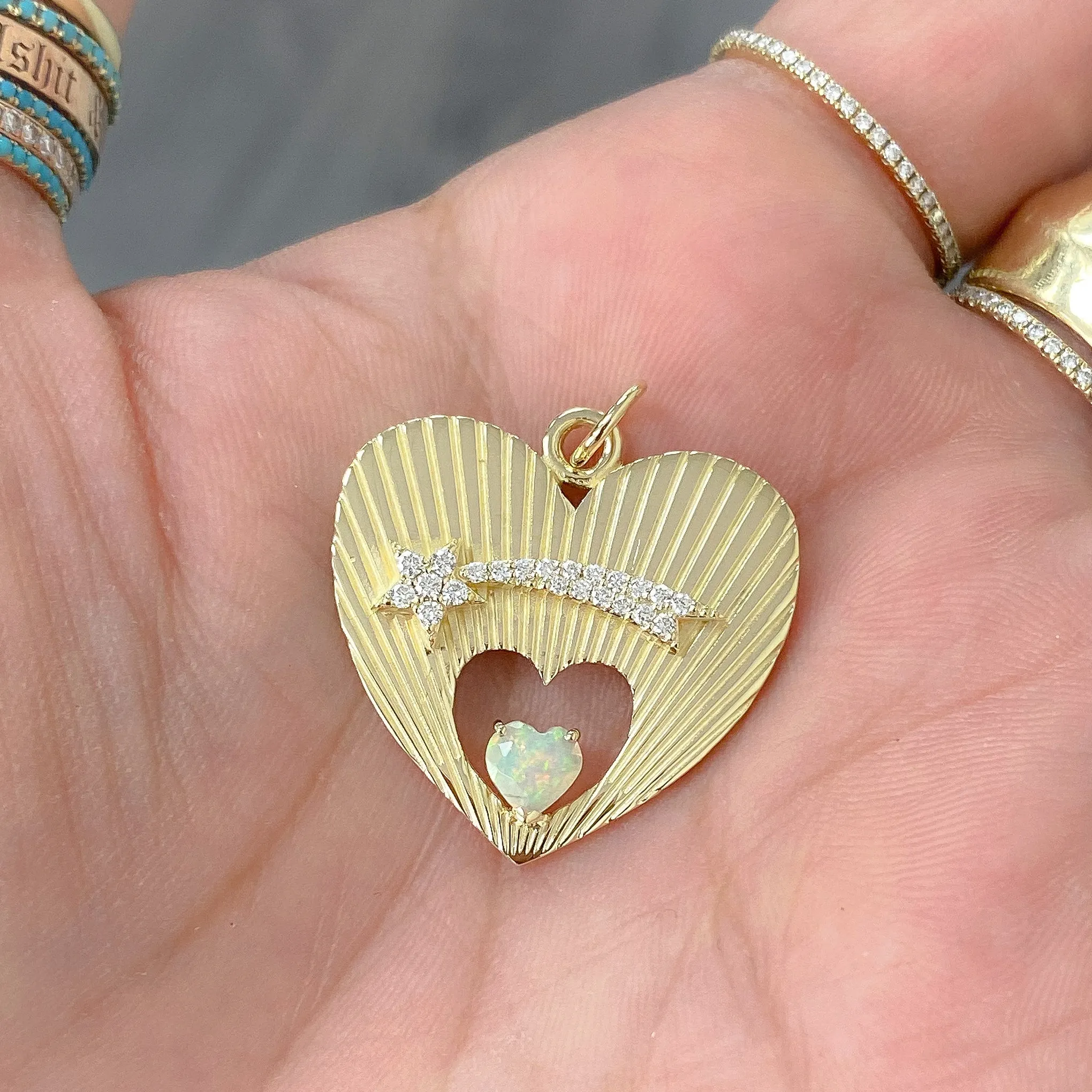 14K Gold Pavé Diamond Shooting Star Fluted Heart Medallion Necklace With Solitaire Tourmaline