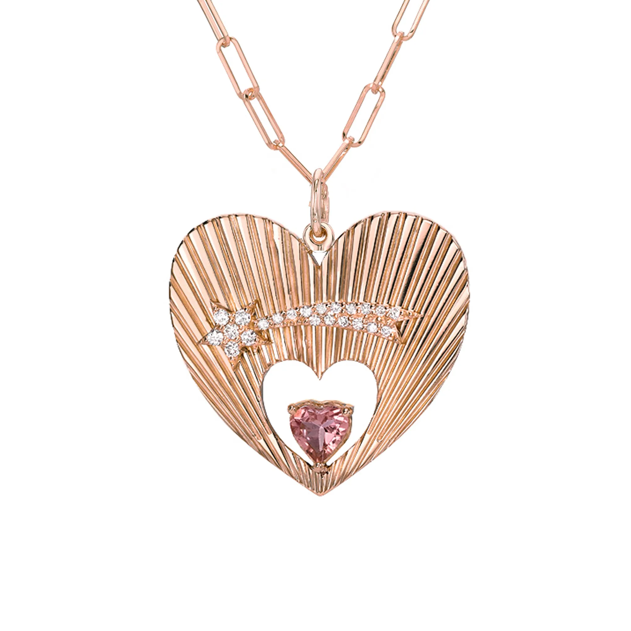 14K Gold Pavé Diamond Shooting Star Fluted Heart Medallion Necklace With Solitaire Tourmaline