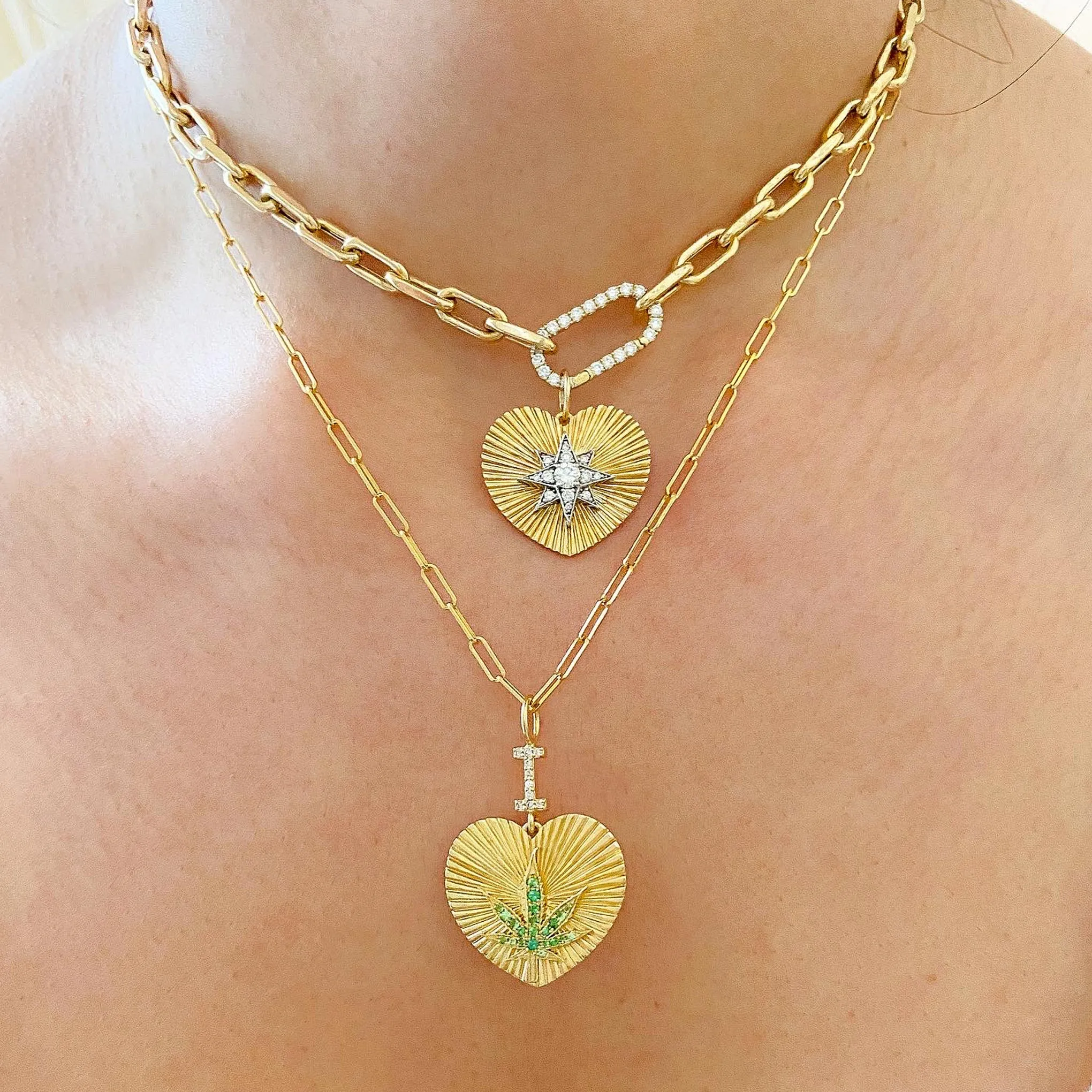 14K Gold Pavé Diamond Starburst Fluted Heart Medallion Necklace, Large Size