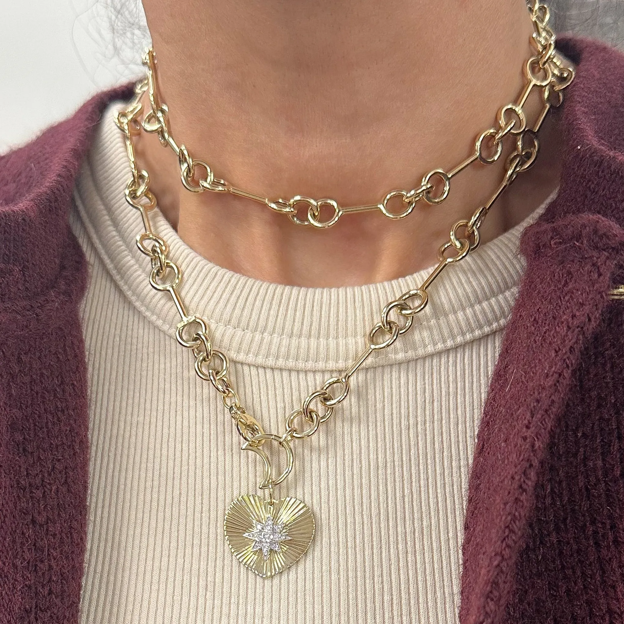 14K Gold Pavé Diamond Starburst Fluted Heart Medallion Necklace, Large Size