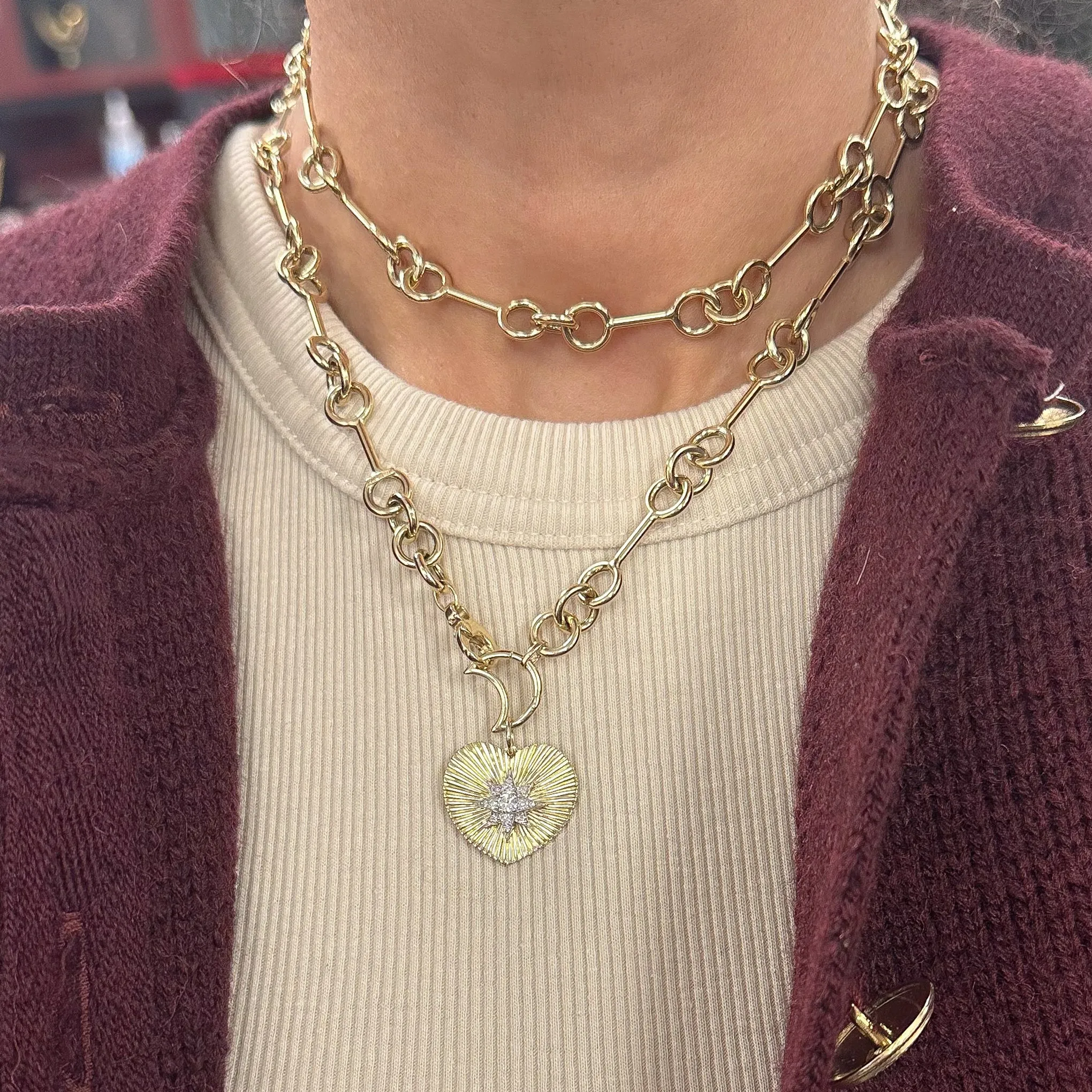 14K Gold Pavé Diamond Starburst Fluted Heart Medallion Necklace, Large Size
