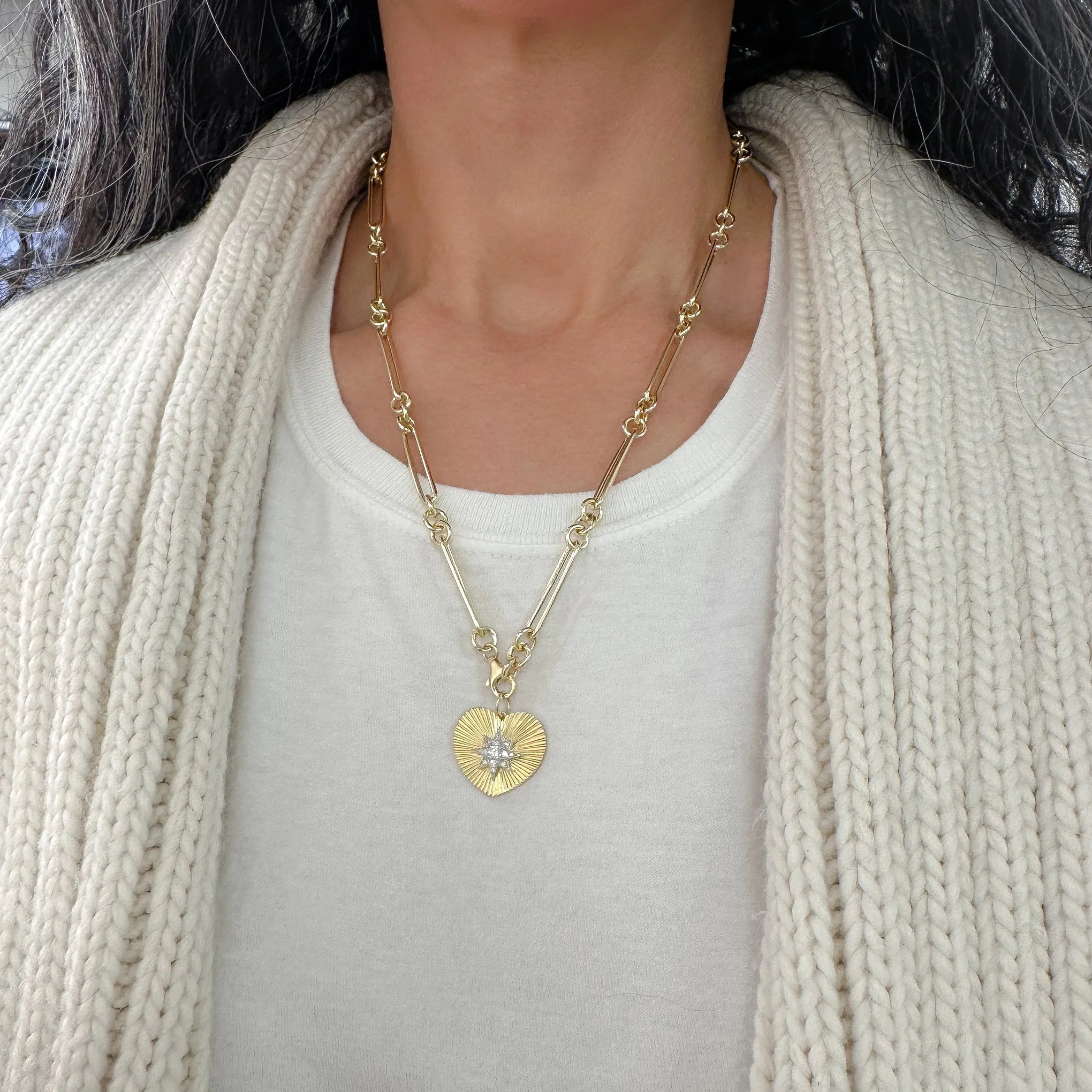 14K Gold Pavé Diamond Starburst Fluted Heart Medallion Necklace, Large Size