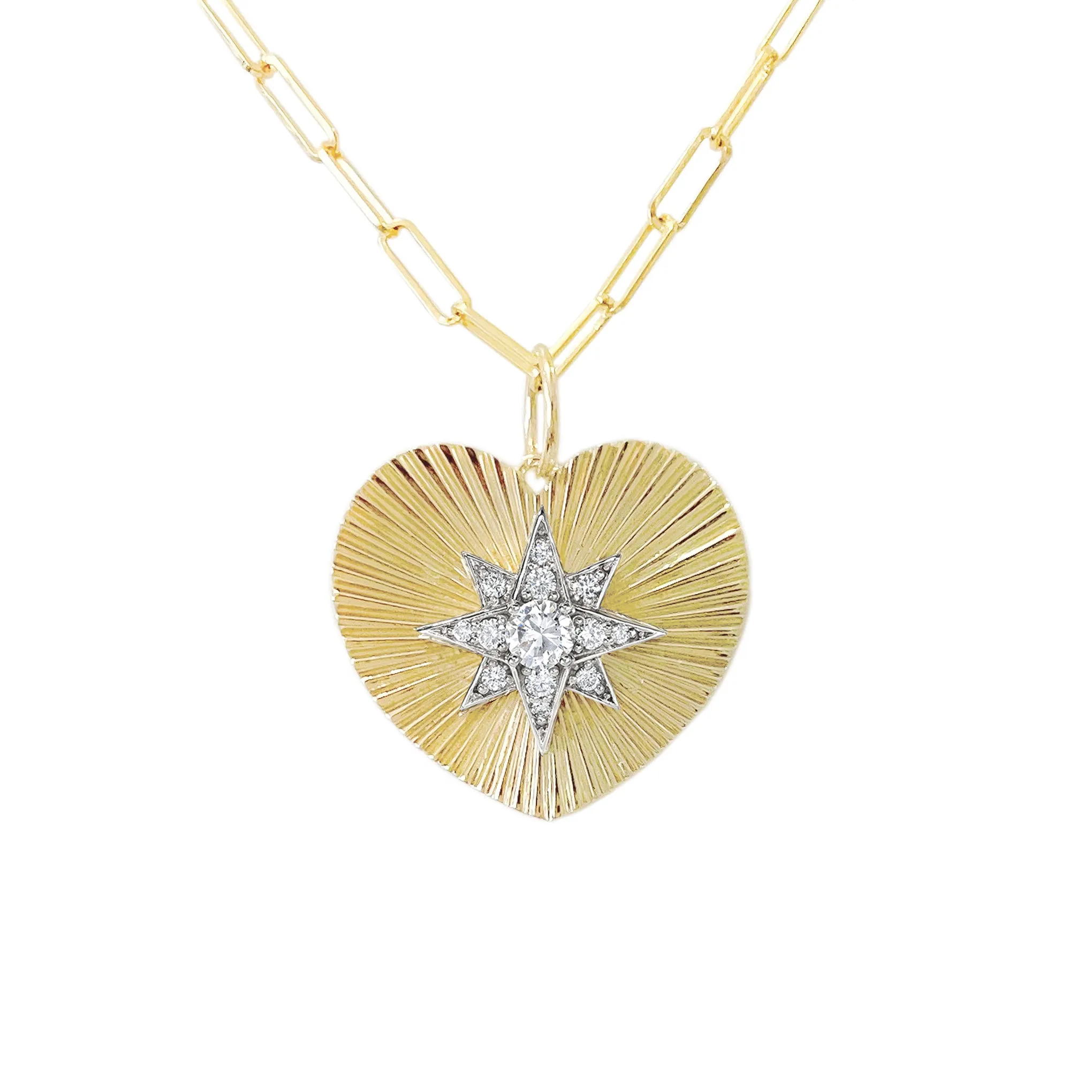 14K Gold Pavé Diamond Starburst Fluted Heart Medallion Necklace, Large Size