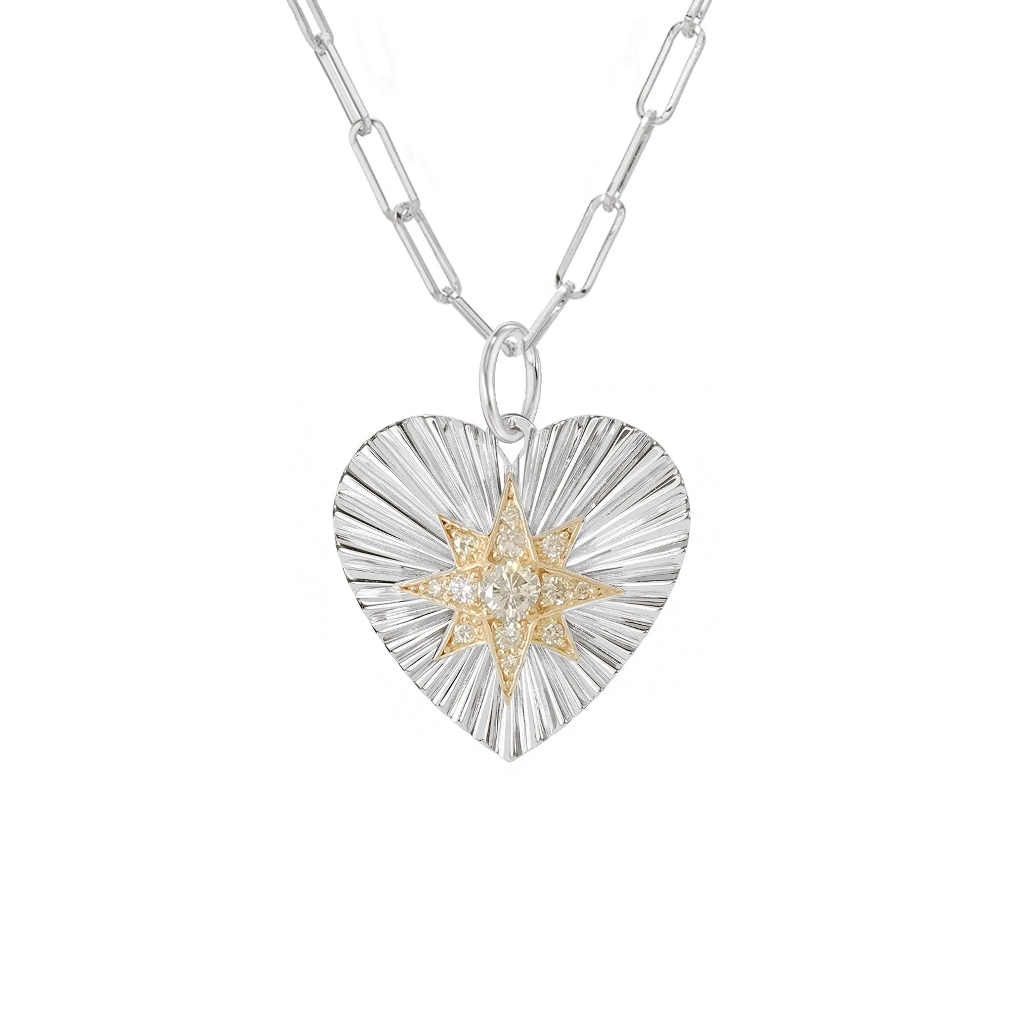 14K Gold Pavé Diamond Starburst Fluted Heart Medallion Necklace, Medium Size