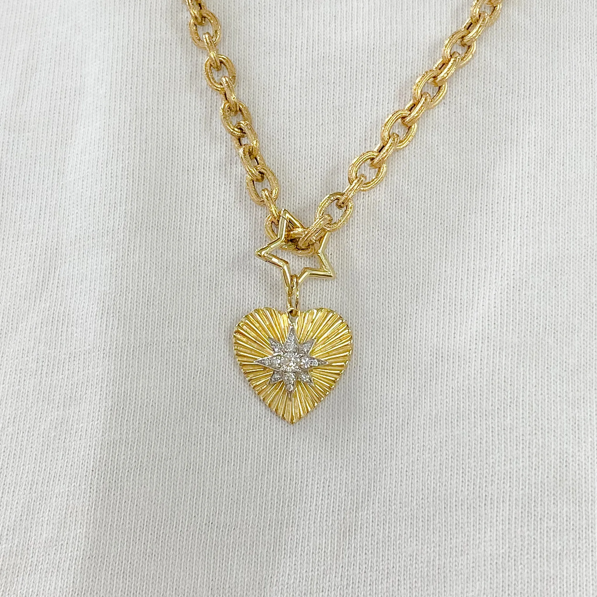 14K Gold Pavé Diamond Starburst Fluted Heart Medallion Necklace, Medium Size