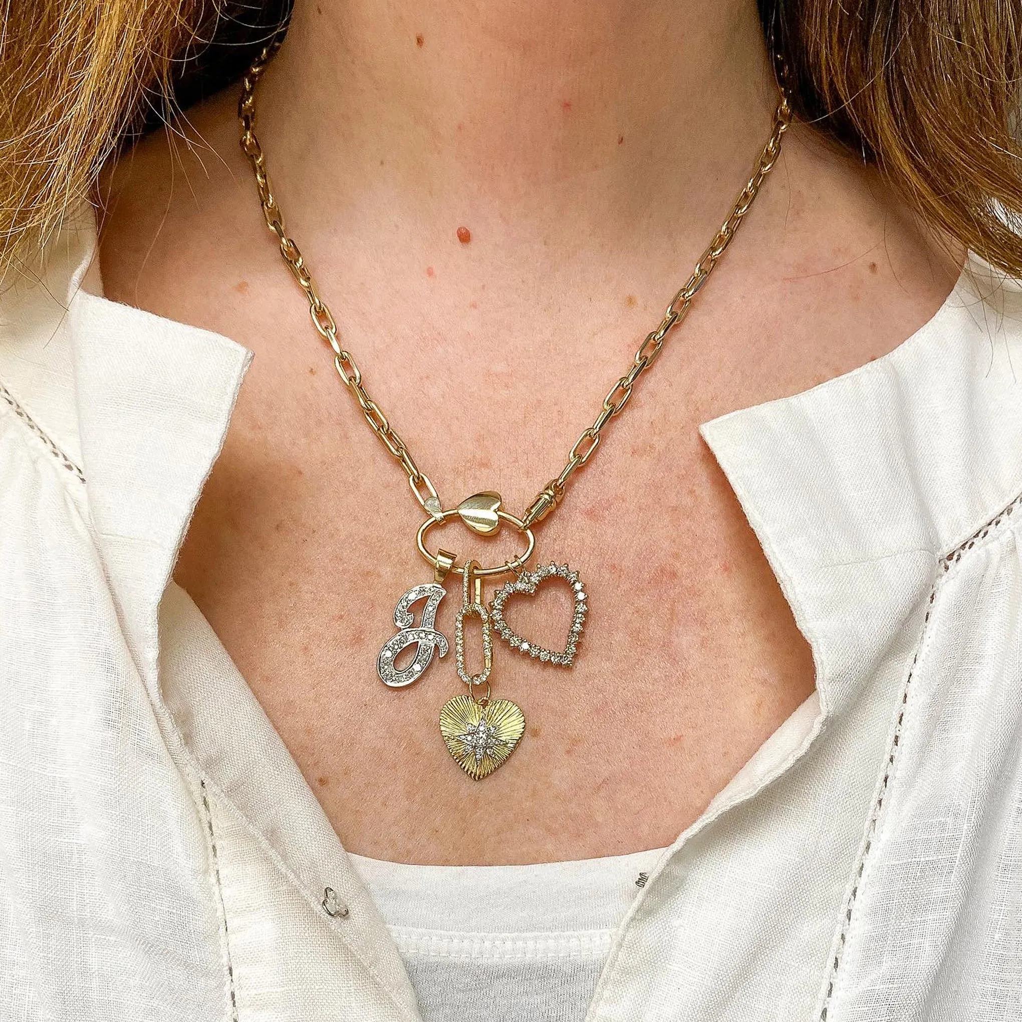 14K Gold Pavé Diamond Starburst Fluted Heart Medallion Necklace, Medium Size