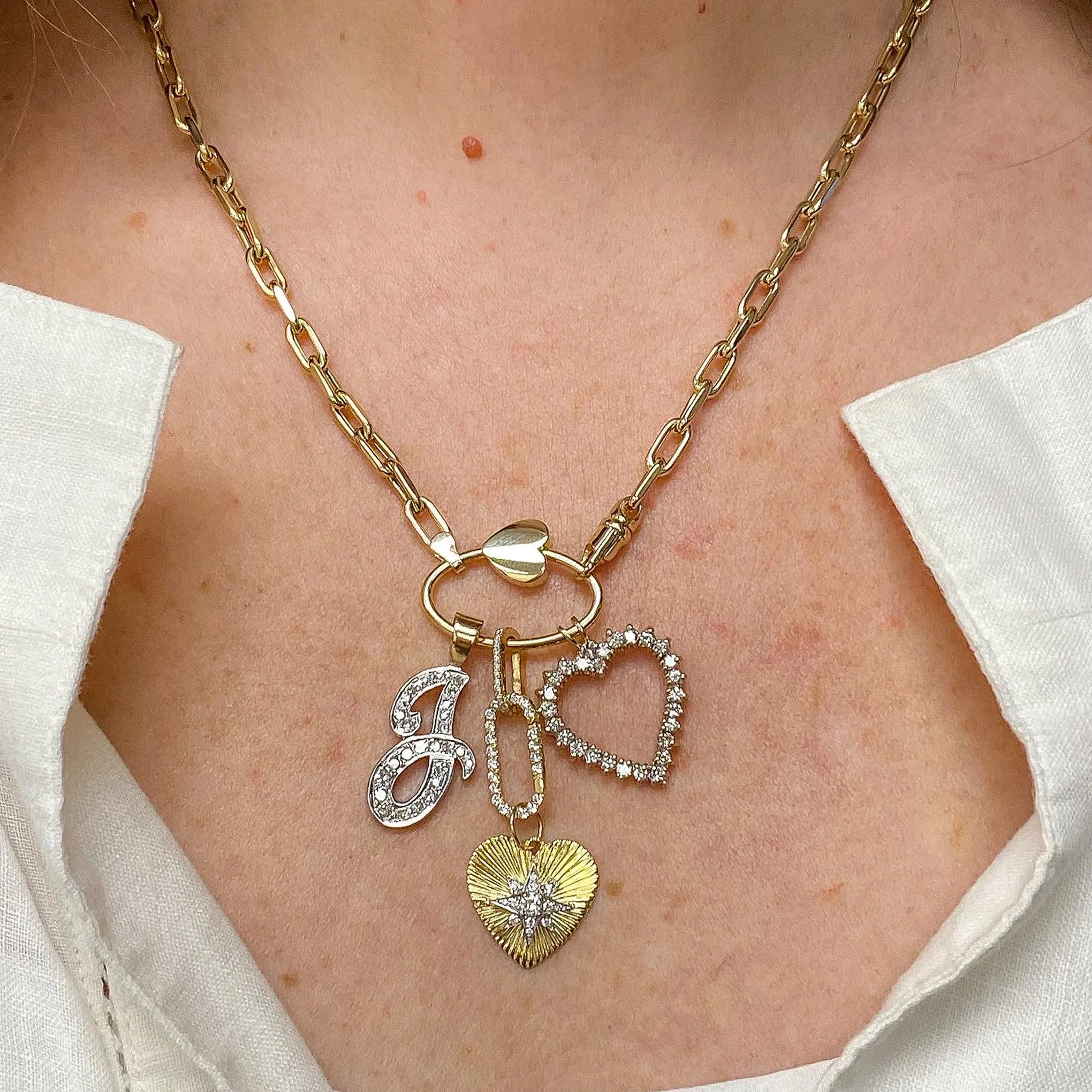 14K Gold Pavé Diamond Starburst Fluted Heart Medallion Necklace, Medium Size