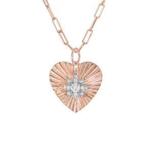 14K Gold Pavé Diamond Starburst Fluted Heart Medallion Necklace, Medium Size