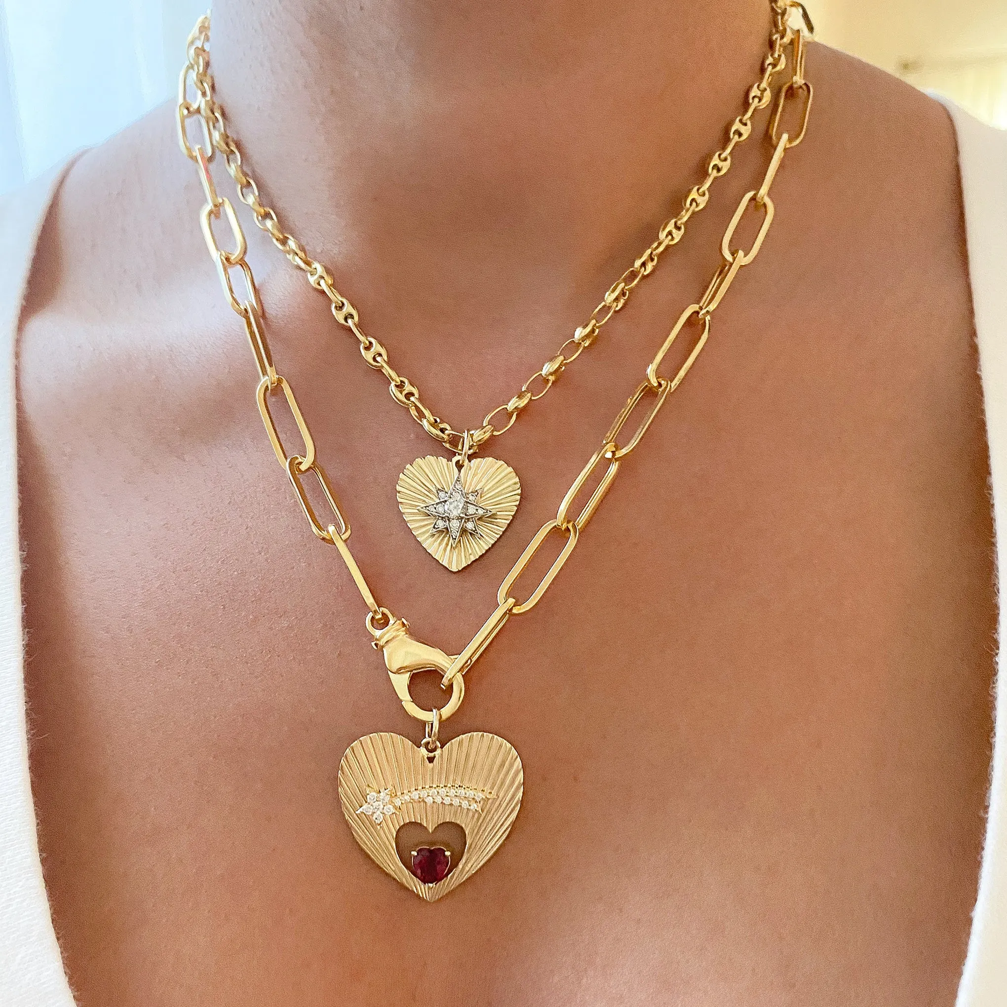 14K Gold Pavé Diamond Starburst Fluted Heart Medallion Necklace, Medium Size