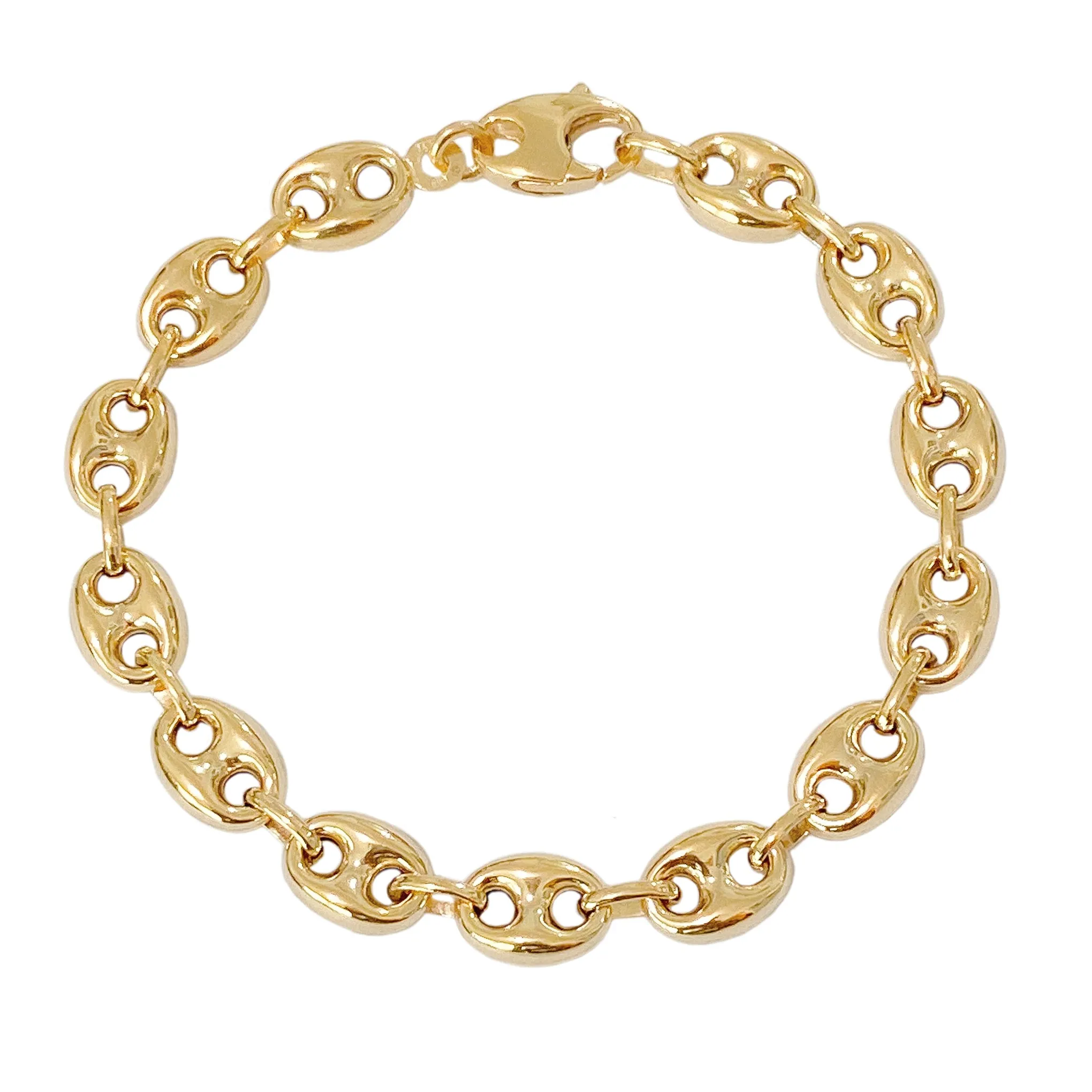 14K Gold Puffy Mariner Anchor Link Bracelet, 7.5mm Size Links