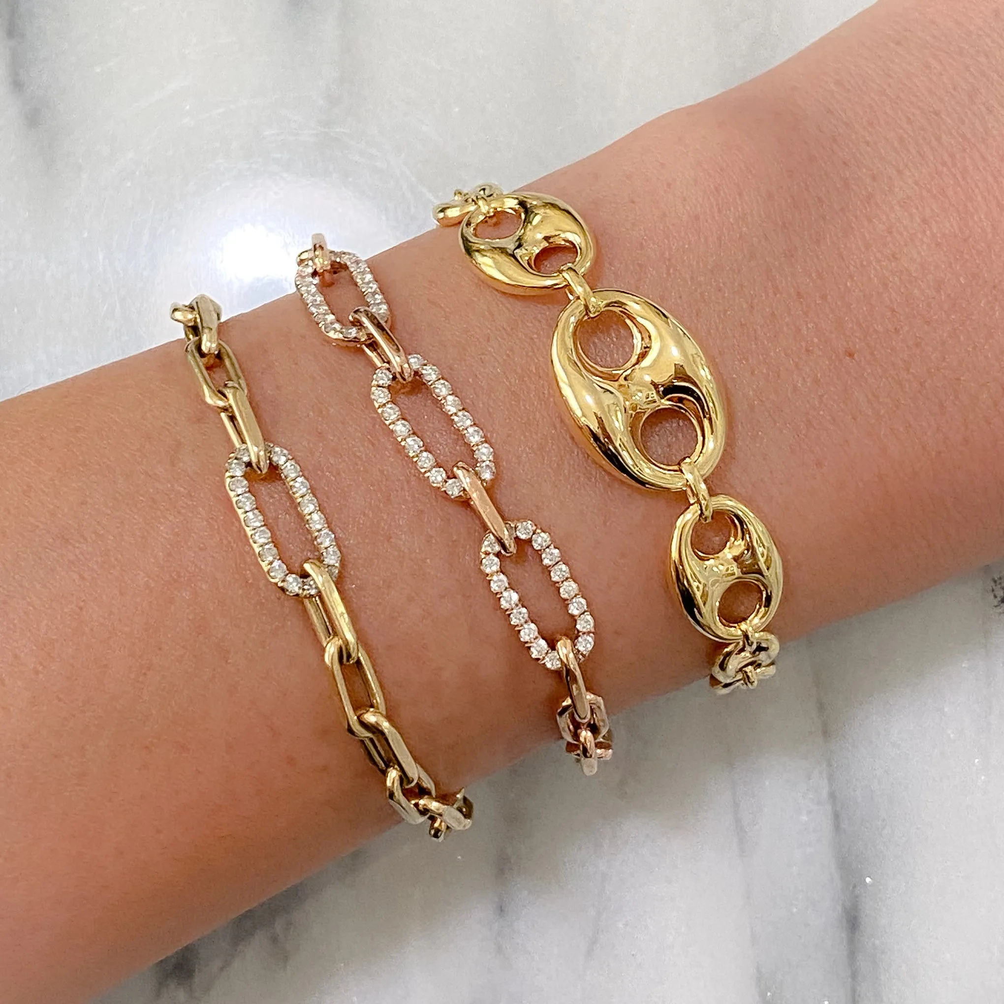 14K Gold Puffy Mariner Anchor Link Bracelet, Graduated Links