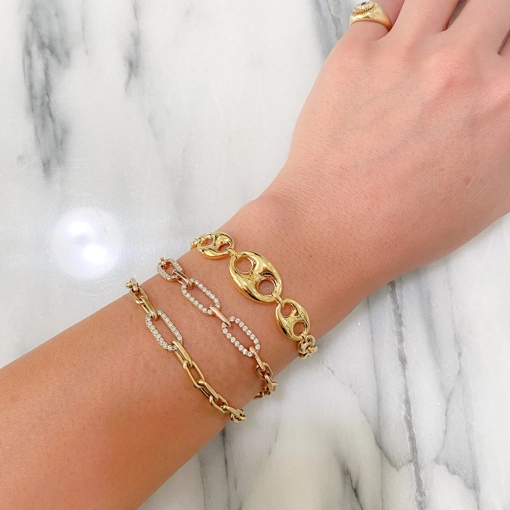 14K Gold Puffy Mariner Anchor Link Bracelet, Graduated Links