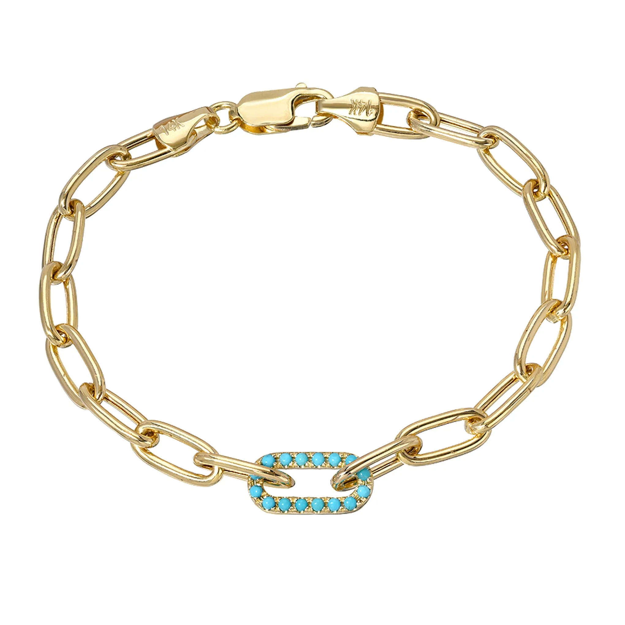 14K Gold Turquoise Thick Oval Link Bracelet