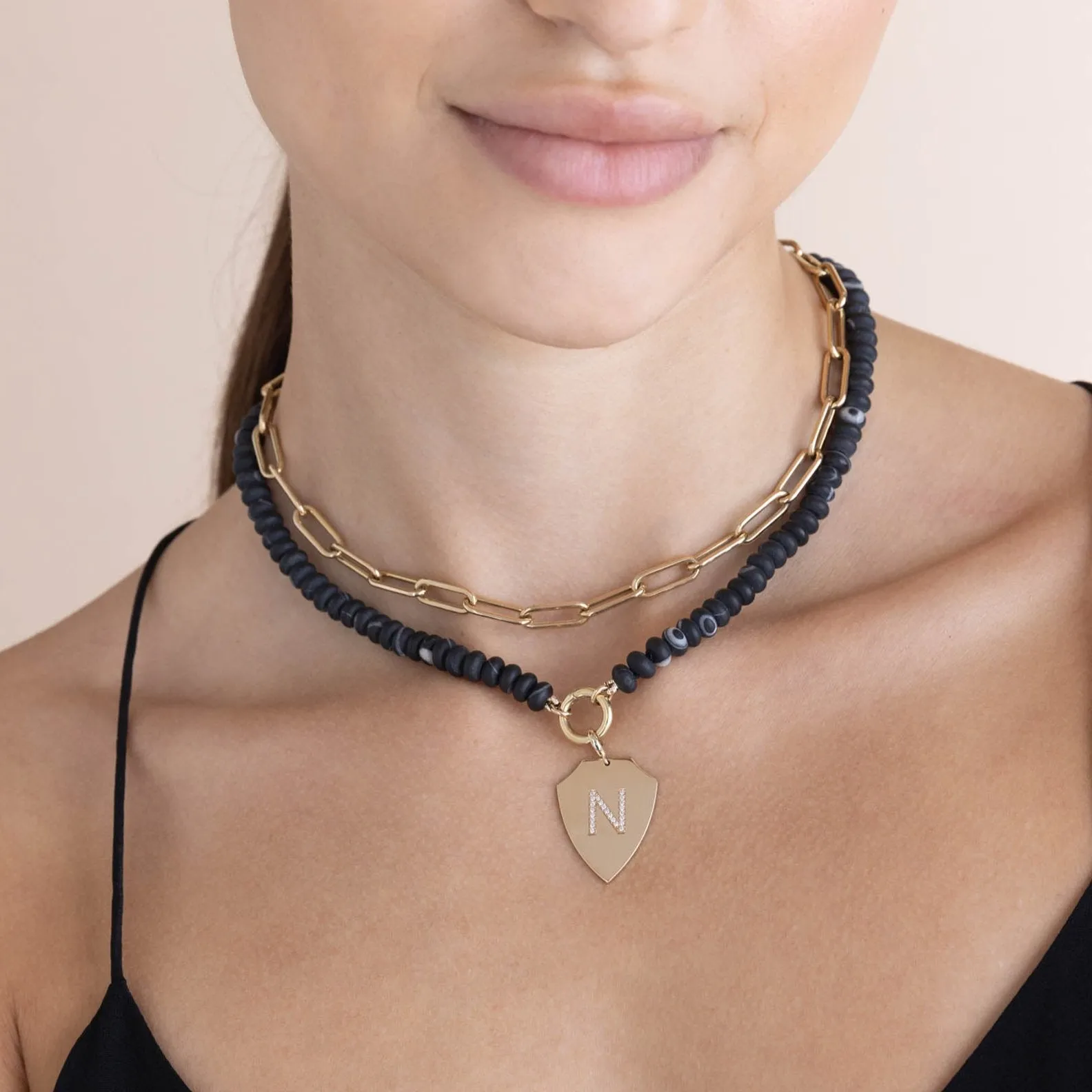 14k Matte Black Agate Rondelle Bead Round Enhancer Necklace