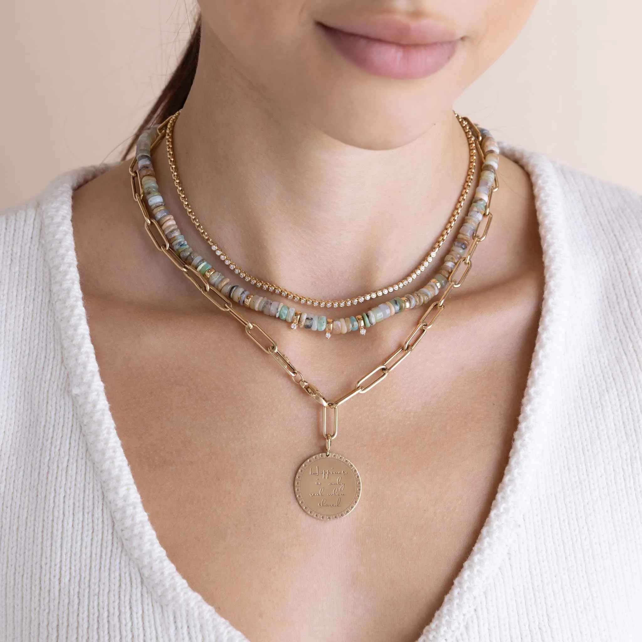 14k Mixed Neutral Gemstone Rondelle Bead Necklace with 3 Prong Diamonds
