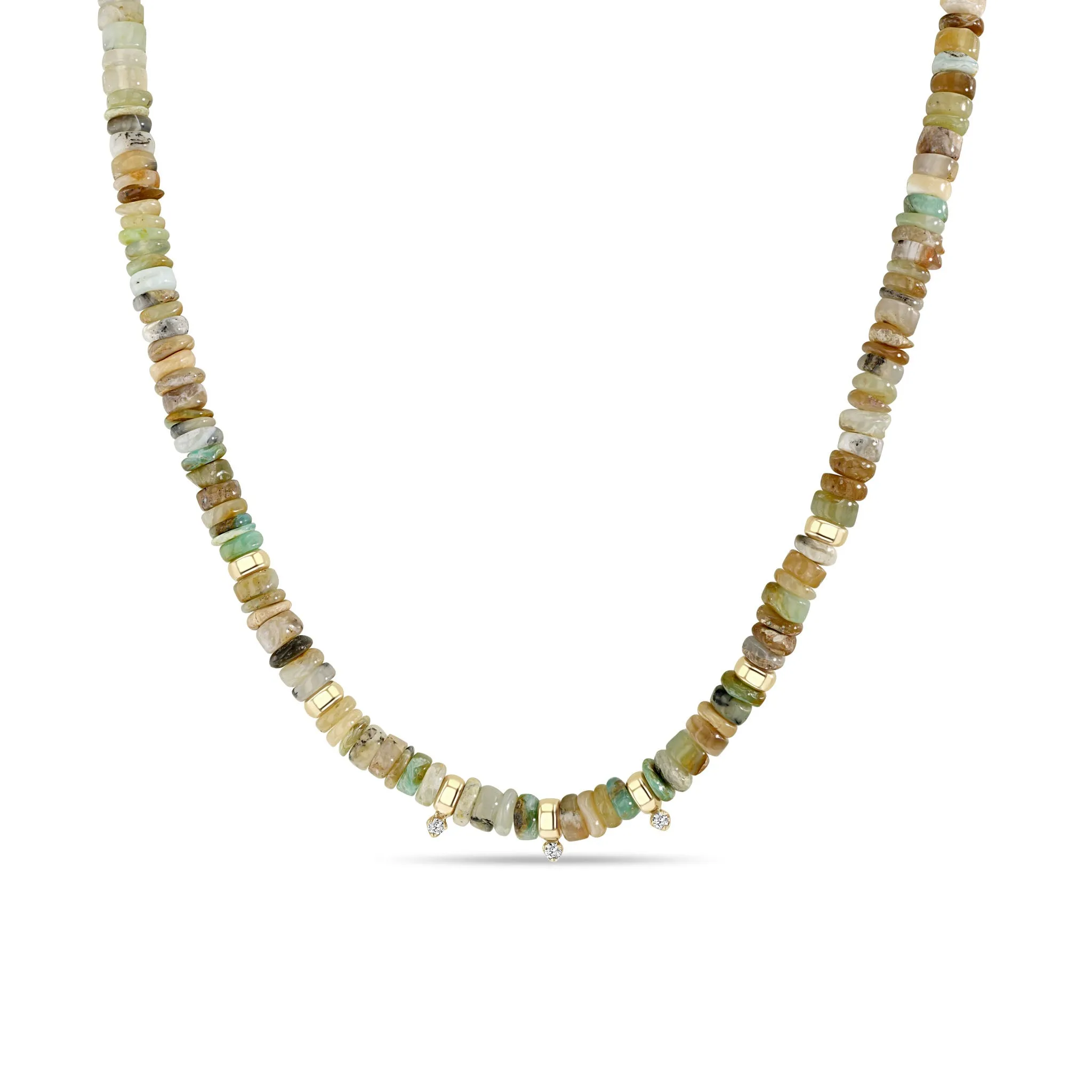 14k Mixed Neutral Gemstone Rondelle Bead Necklace with 3 Prong Diamonds