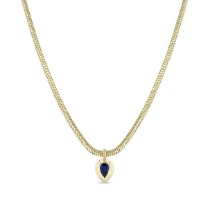 14k Pear Blue Sapphire Bezel Pendant Snake Chain Necklace
