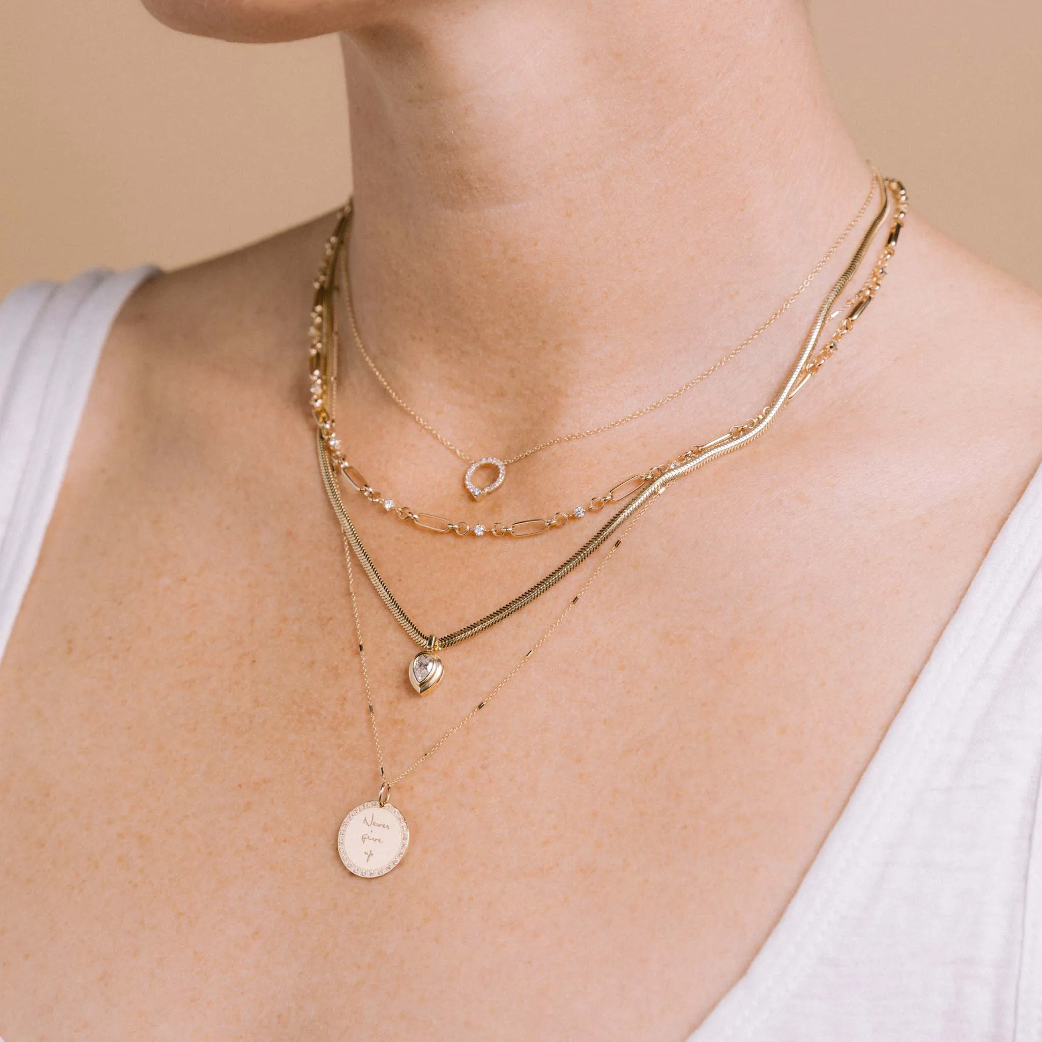 14k Pear Diamond Bezel Pendant Snake Chain Necklace