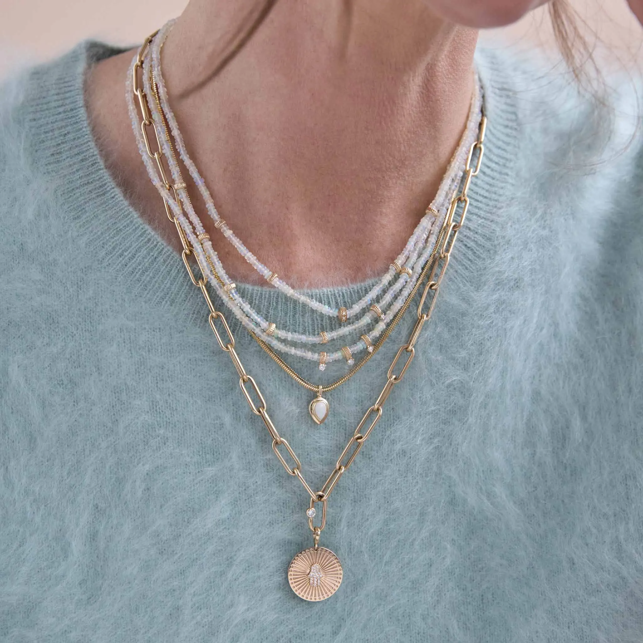 14k Pear Opal Bezel Pendant Snake Chain Necklace