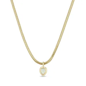 14k Pear Opal Bezel Pendant Snake Chain Necklace