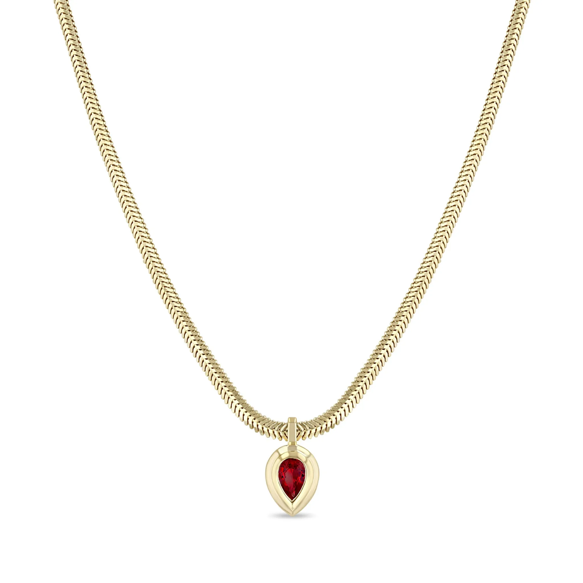 14k Pear Ruby Bezel Pendant Snake Chain Necklace