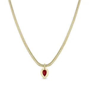 14k Pear Ruby Bezel Pendant Snake Chain Necklace