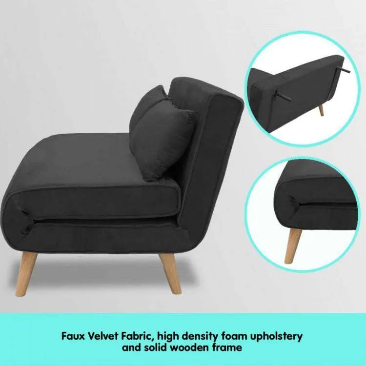 2-SEATER ADJUSTABLE SOFA BED LOUNGE FAUX VELVET FABRIC - BLACK