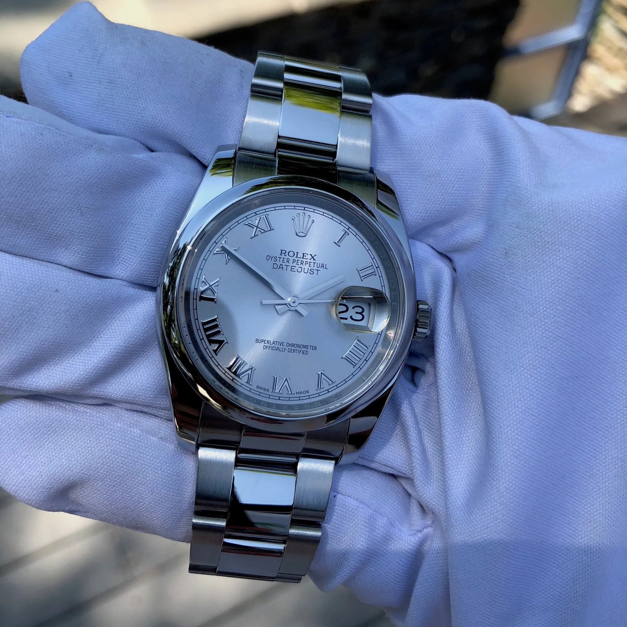 2015 Rolex Datejust 116200 Oyster Perpetual Rhodium Roman Wristwatch Box & Papers