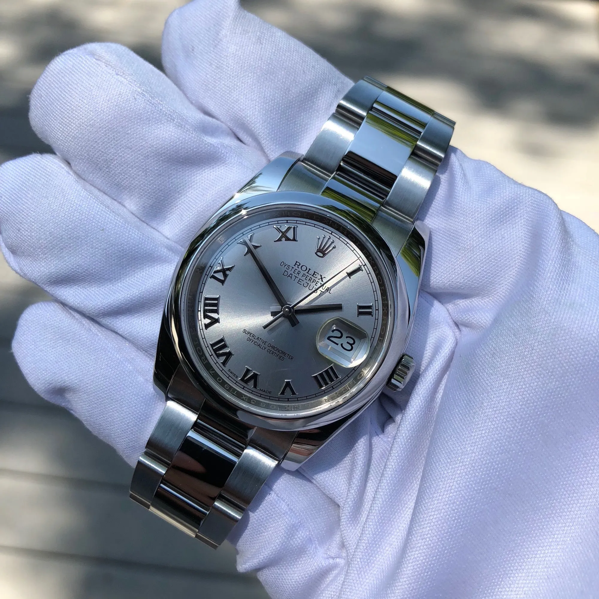 2015 Rolex Datejust 116200 Oyster Perpetual Rhodium Roman Wristwatch Box & Papers