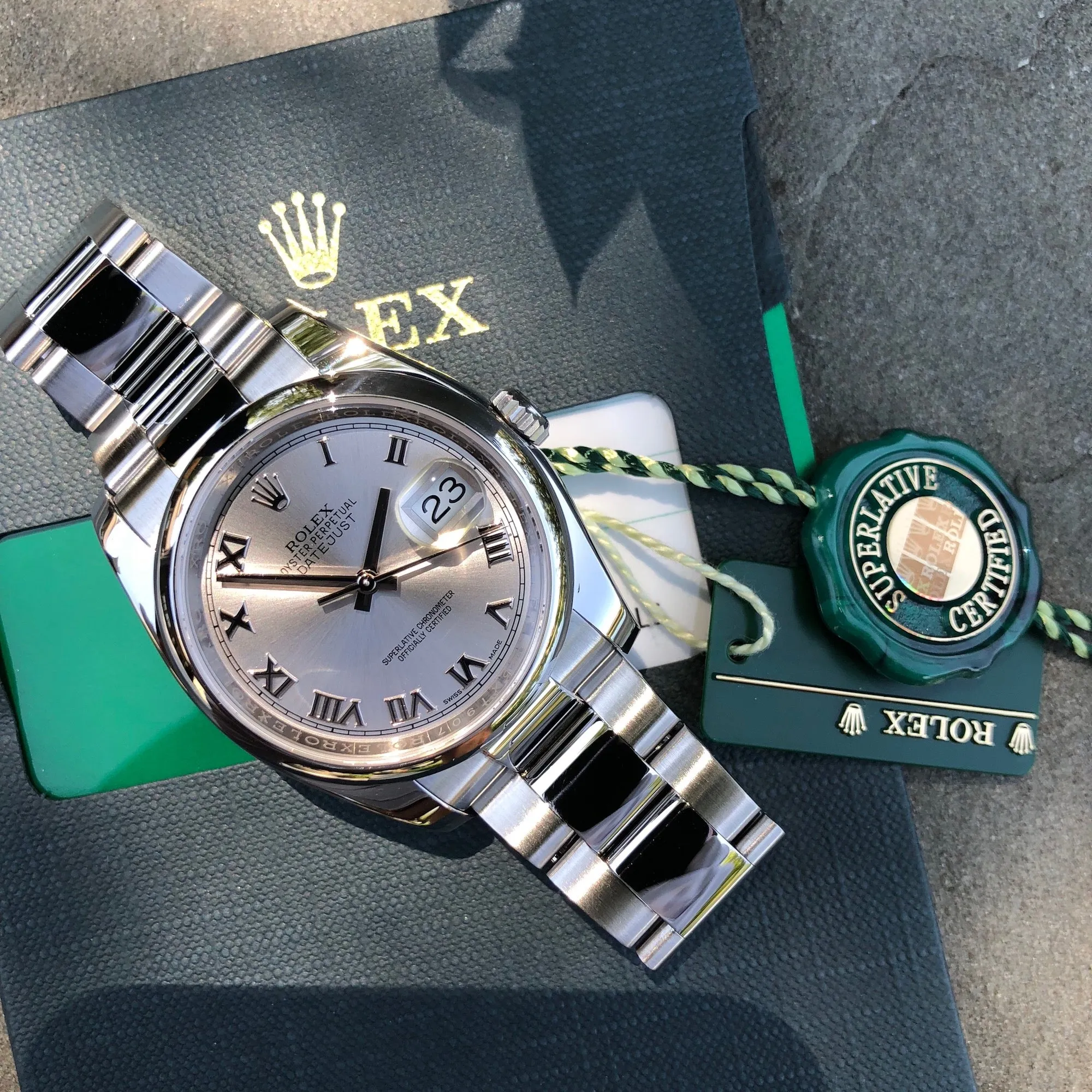 2015 Rolex Datejust 116200 Oyster Perpetual Rhodium Roman Wristwatch Box & Papers