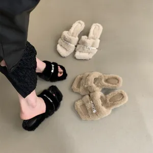 2025  Internet celebrity thick heel fluffy slippers women wear in autumn and winter  new high-end temperament gentle fairy style high heels