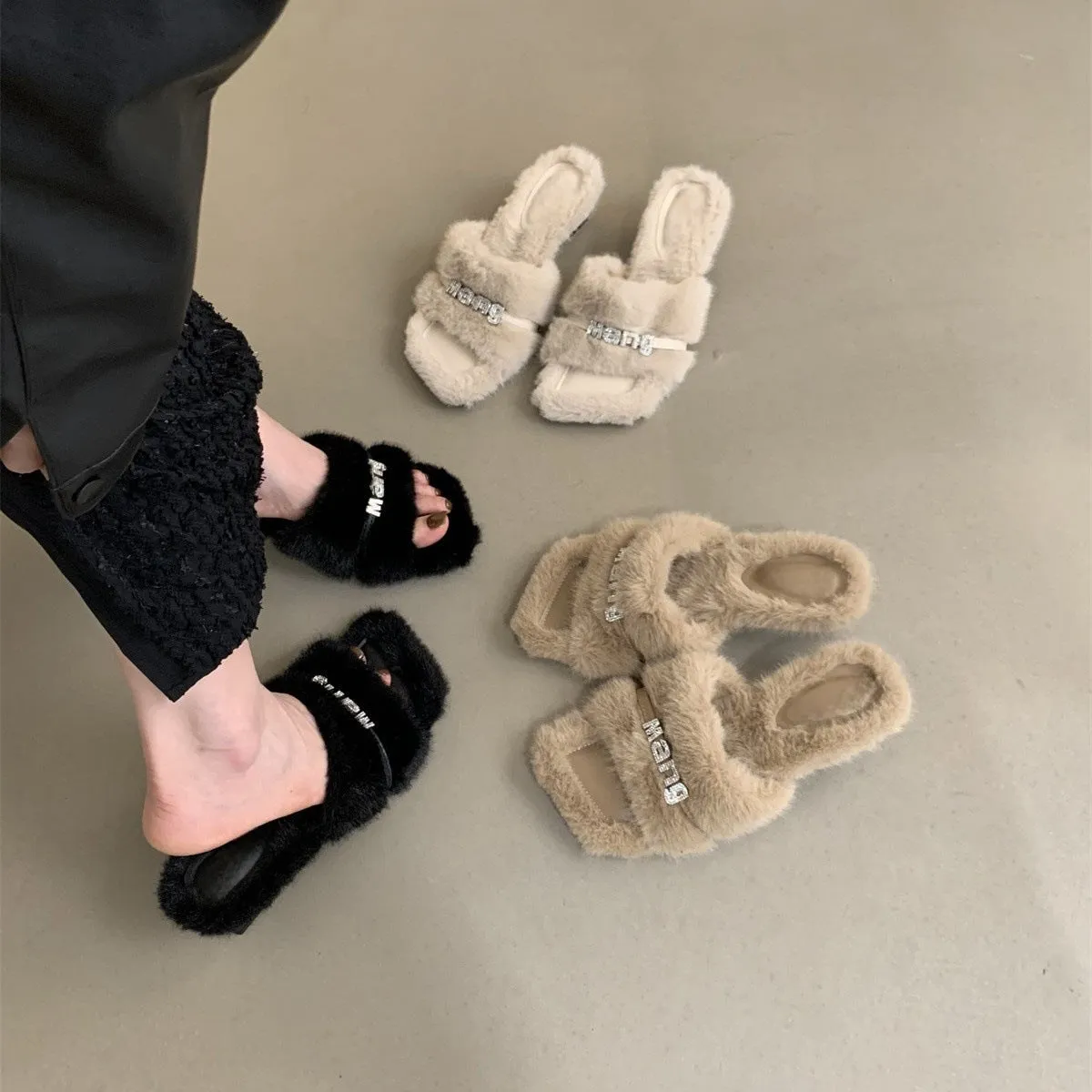 2025  Internet celebrity thick heel fluffy slippers women wear in autumn and winter  new high-end temperament gentle fairy style high heels
