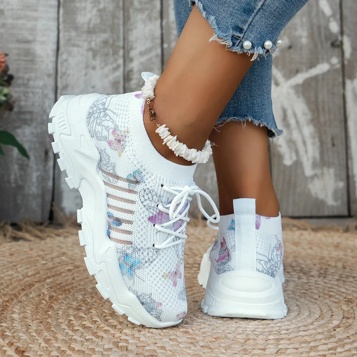 2025 Women's Single Shoe Platform Jogging Outdoor Anti Slip Lace Up Summer Mesh Breathable Thick Soled Casual Vulcanized Shoes